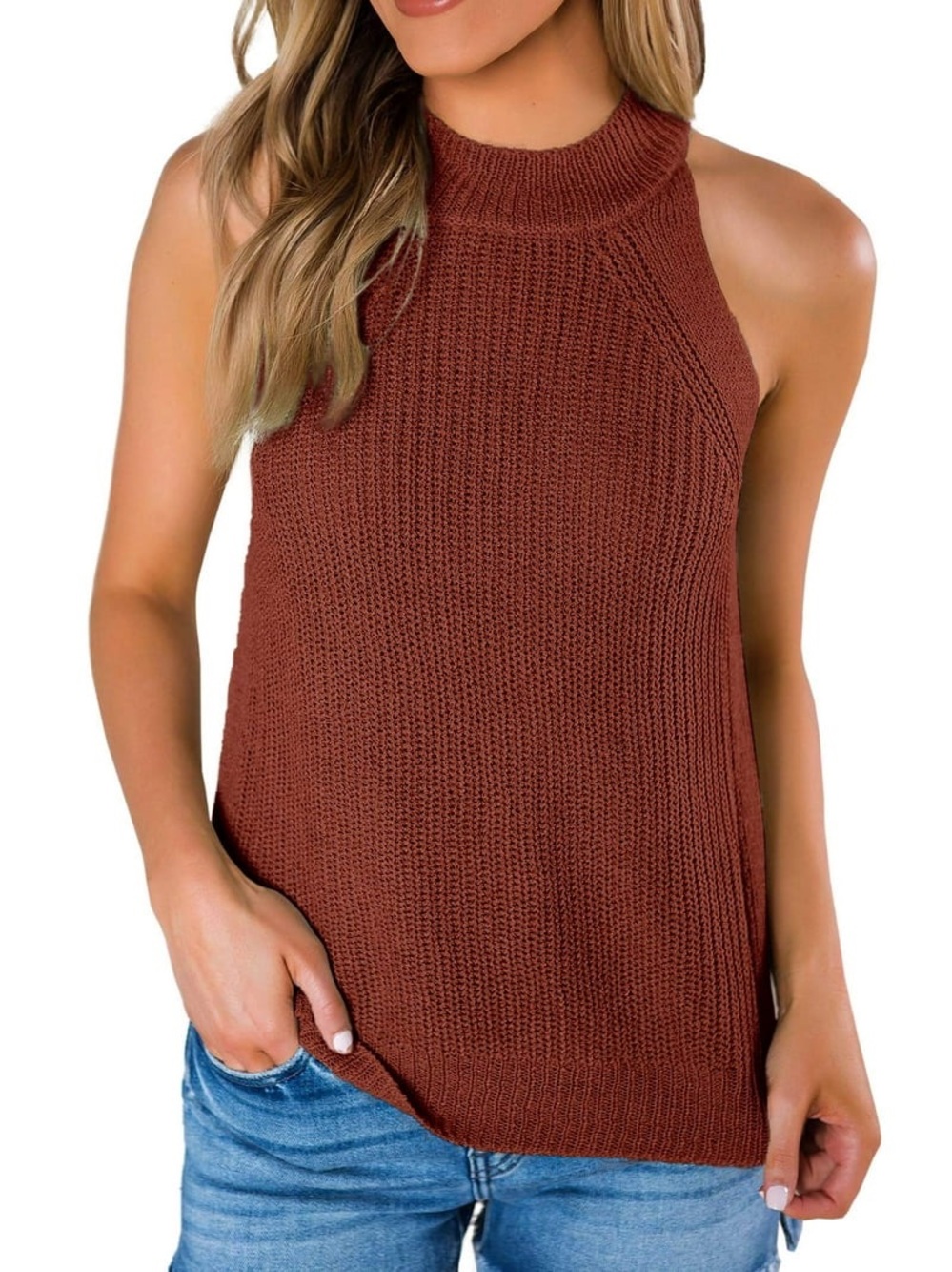 Handmade Brown Rust Knit Halter Sleeveless Sweater Tunic Tank Top